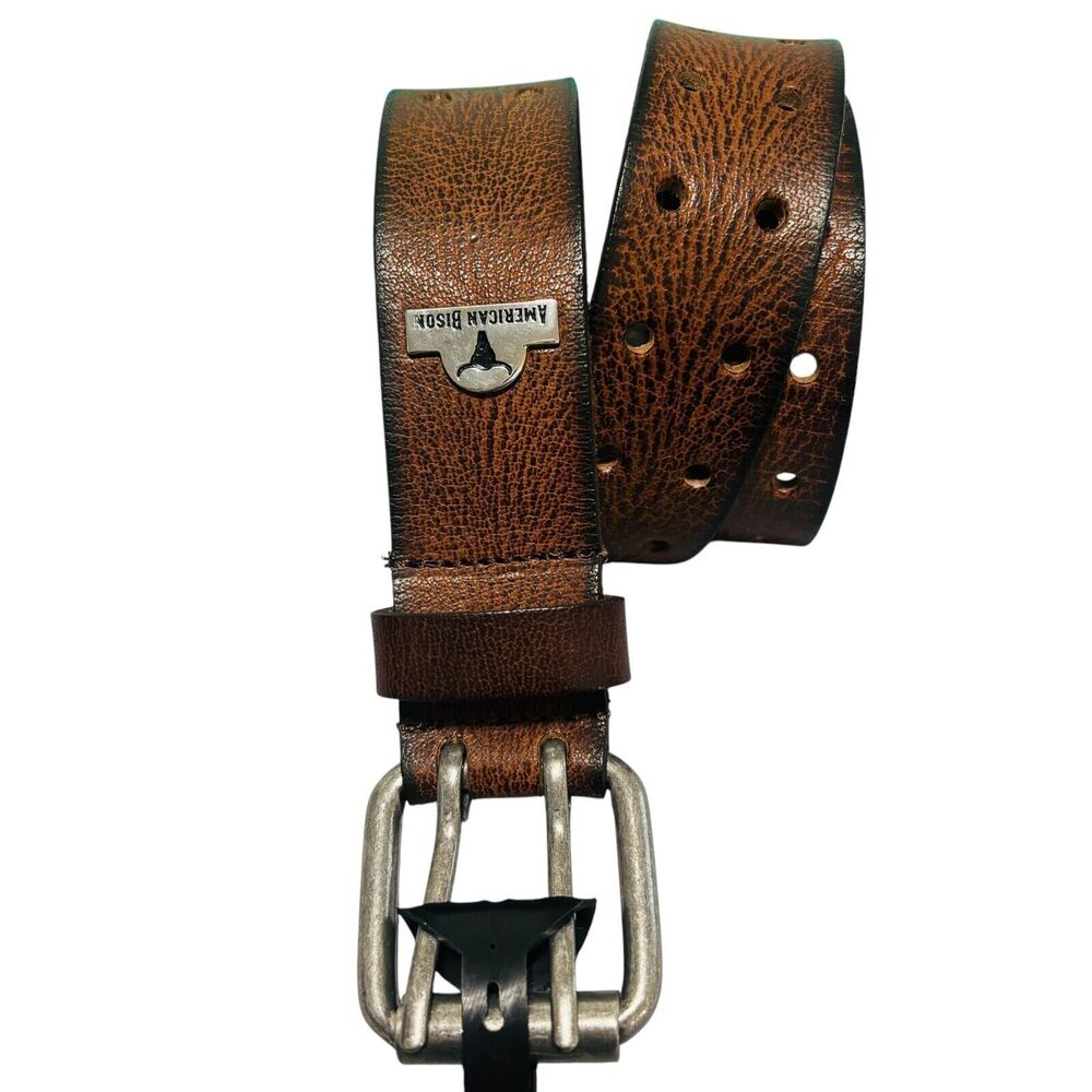 American Bison Leather Belt Men's Sz 32 Brown 2.5" Logo Dbl Row Holes